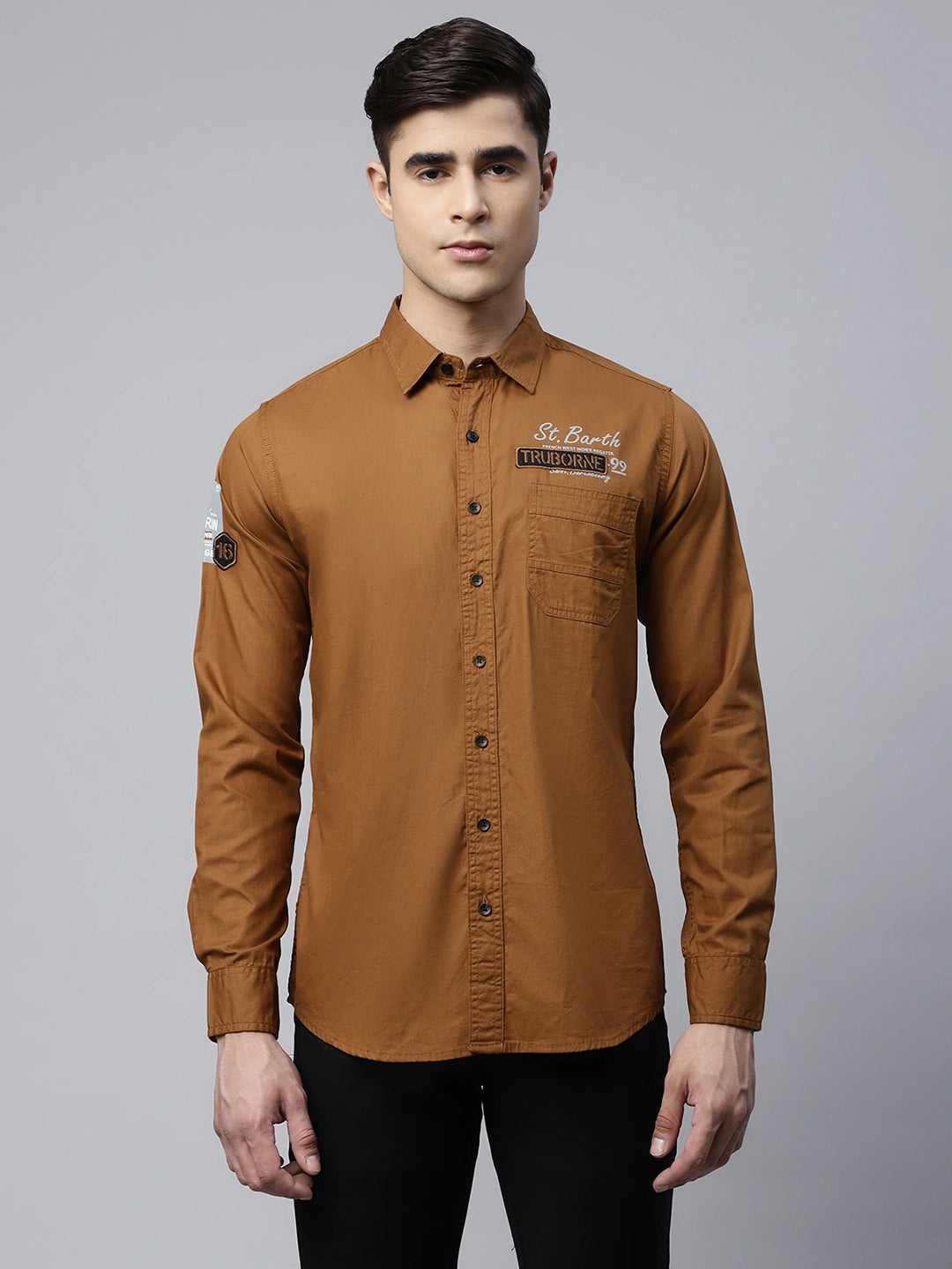Mens Mustard Slim Fit Typographic Print Casual Shirt - Global Republic