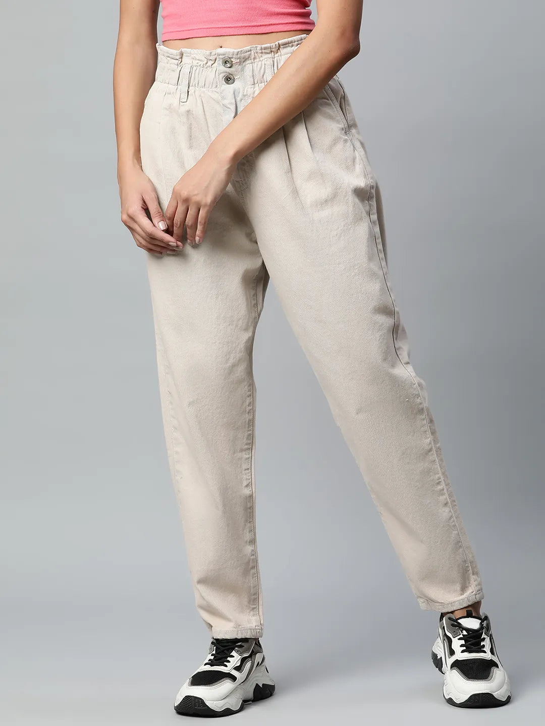Women Tapered Full Length Beige Paper Waist Jeans - Global Republic