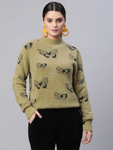  Green Jacquard Knitted Butterfly Pullover