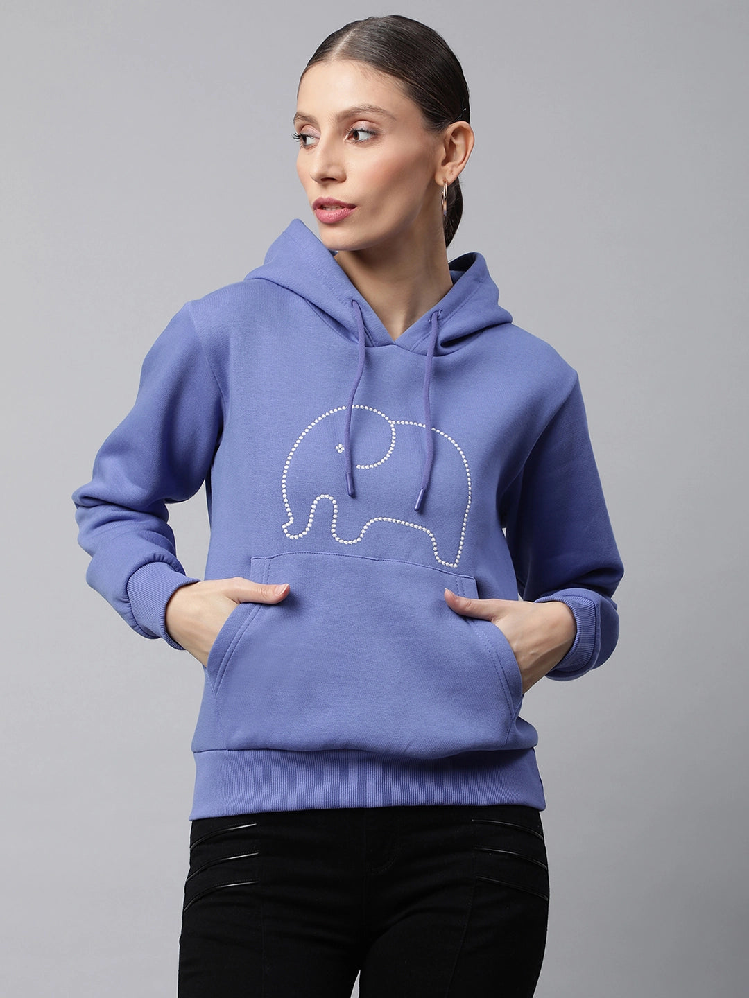 Women Purple Kangaroo Pocket Loose Fit Fleece Hooded Sweatshirt