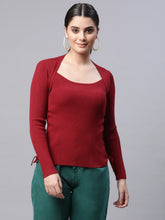Women Round Neck Ribbed  With  Maroon Pullover