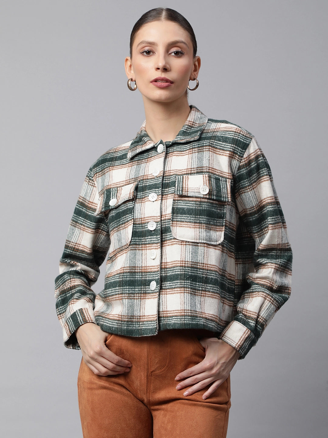 Women Green Checkered Crop Plaid Loose Fit Cotton Shirt