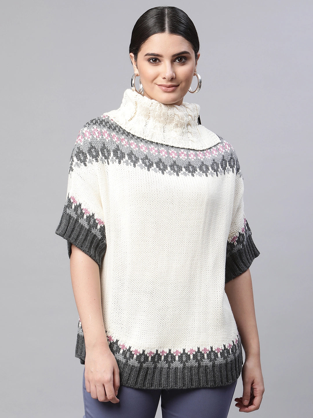 Women Open Turtle Neck Loose Half Sleeves Off White Jacquard Loose Fit Acrylic Ponchu