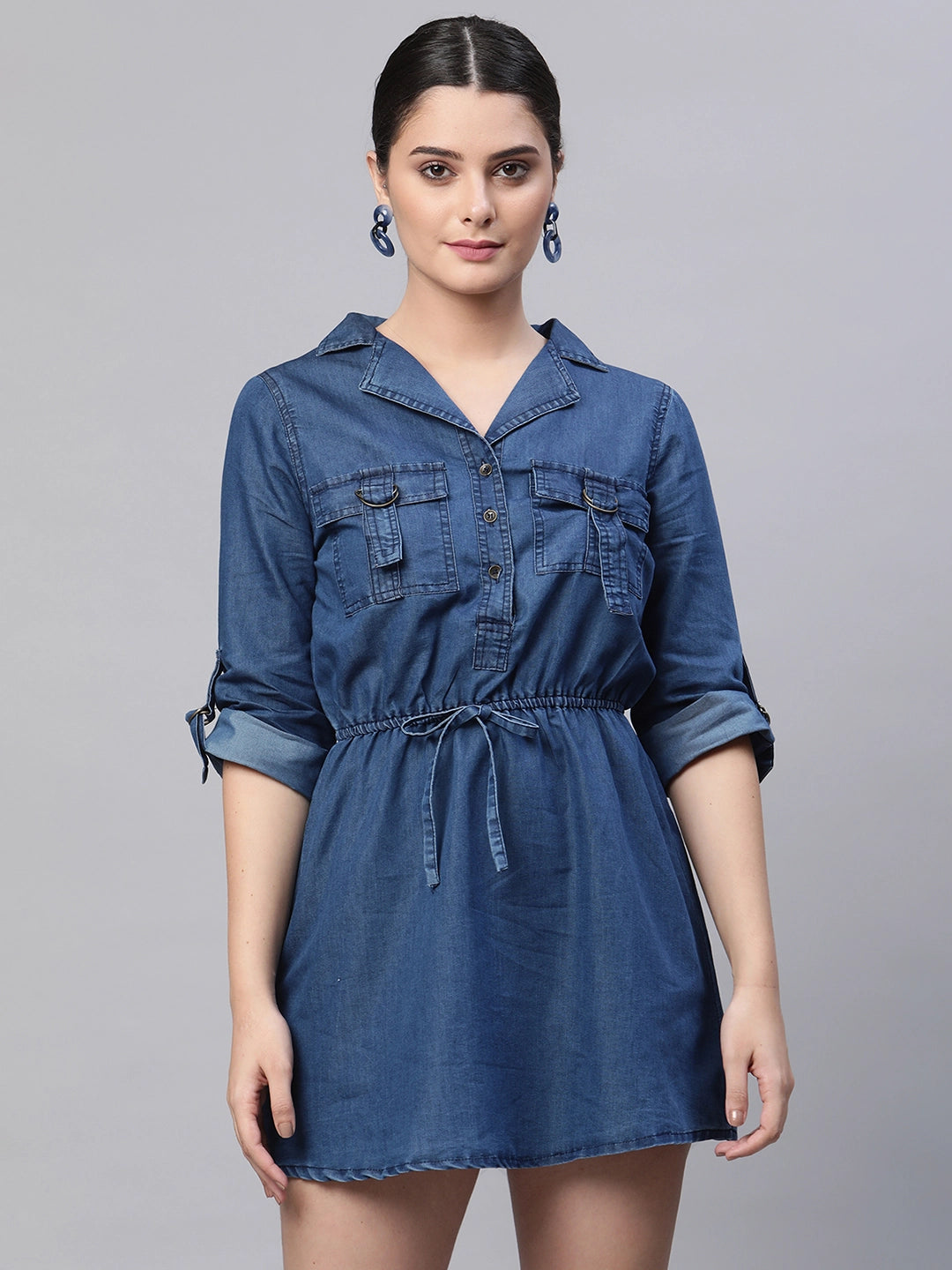 women notch collar folded quarter sleeves dark blue solid regular fit denim dress