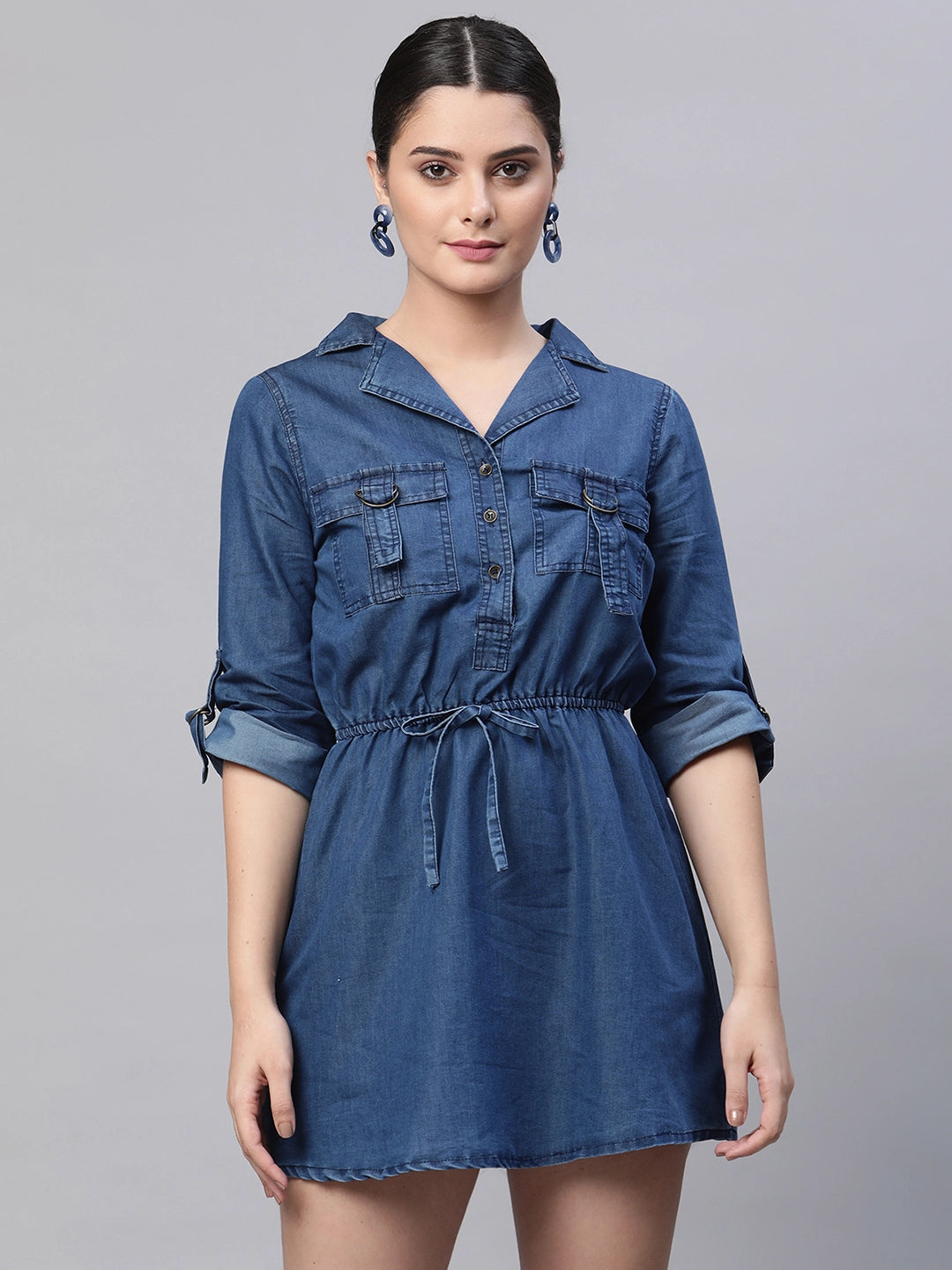 Buy Women Notch Collar Dark Blue Denim Mini Dress
