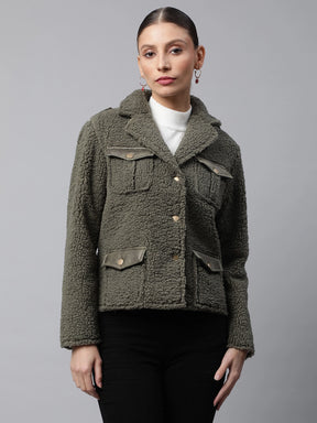 Women Olive Notch Collar Regular Fit Polar Fleece Jacket