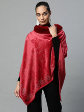 Women Wine Fur Neck Embellished Velvet Poncho