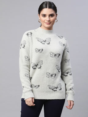 Grey Jacquard Knitted Butterfly Pullover