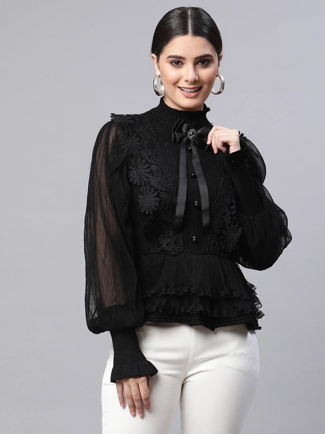Women Turtle Neck Bishop Full Sleeves Black Lace Regular Fit Viscose Top - Global Republic