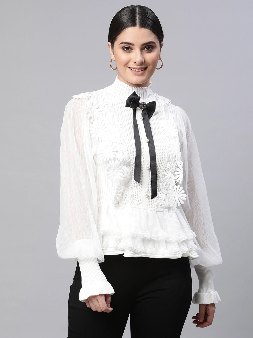 Women Turtle Neck Bishop Full Sleeves White Lace Regular Fit Viscose Top - Global Republic