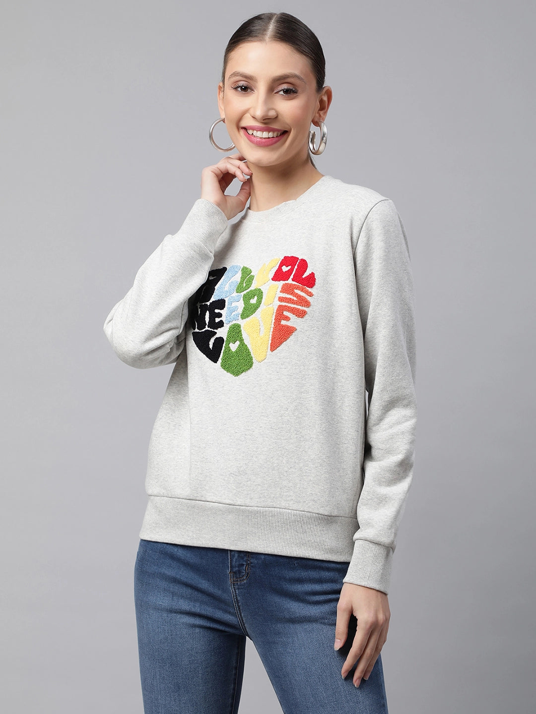 Women Ecru Typographic Heart Tufted Regular Fit Fleece Sweatshirt - Global Republic