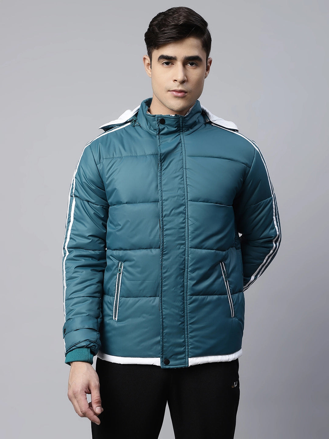 Mens Turquoise Detachable Hood Puffer Jacket - Global Republic