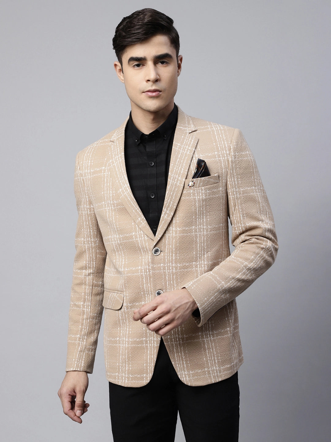Mens Beige Tailored Fit Textured Check Pattern Coat - Global Republic