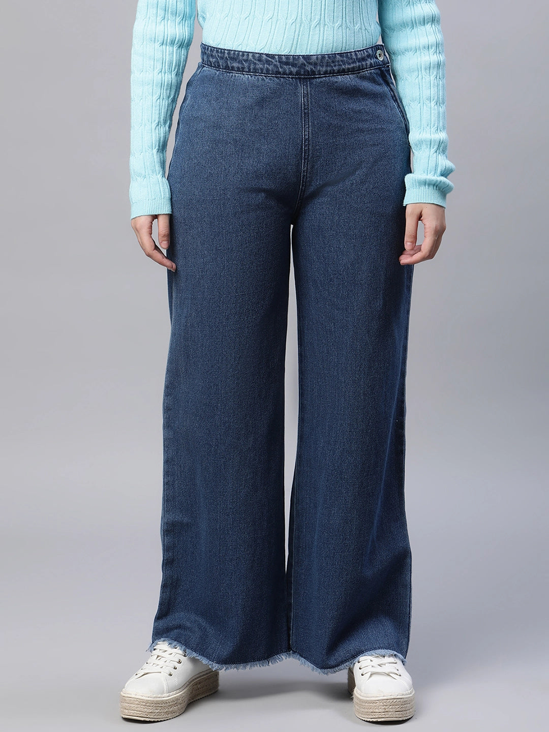 women blue denim solid medium washed high rise jeans