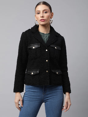 Women Black Notch Collar Polar Straight Fit Fleece Jacket