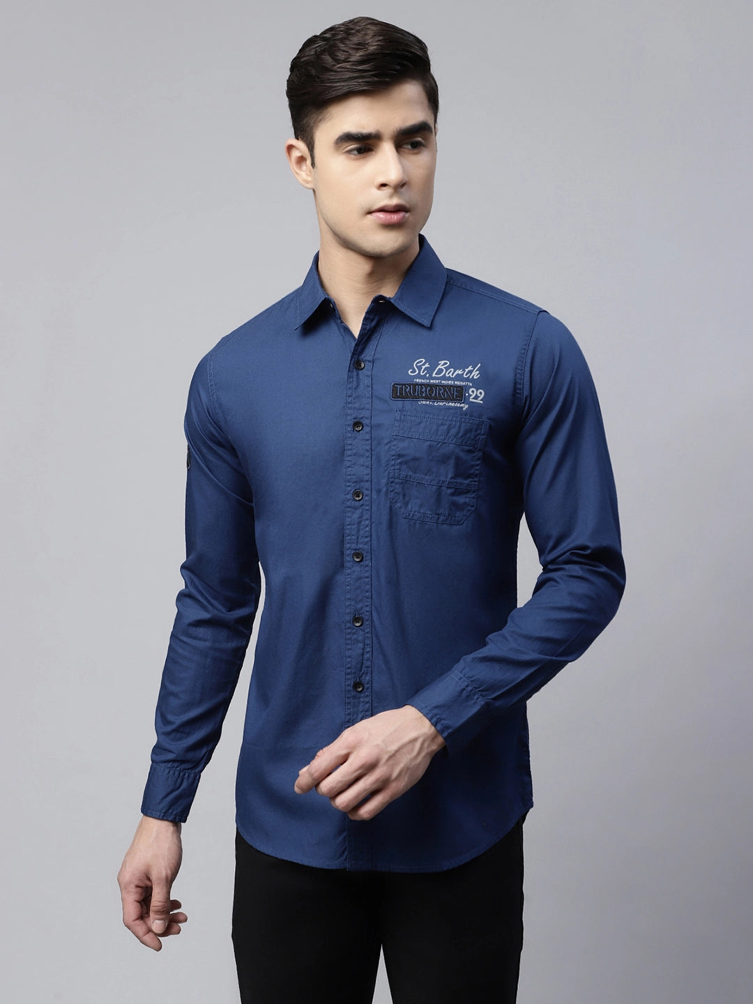 Mens Navy Blue Slim Fit Typographic Print Casual Shirt - Global Republic