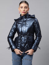 Women Navy Detachable Hood Metallic Puffer Jacket