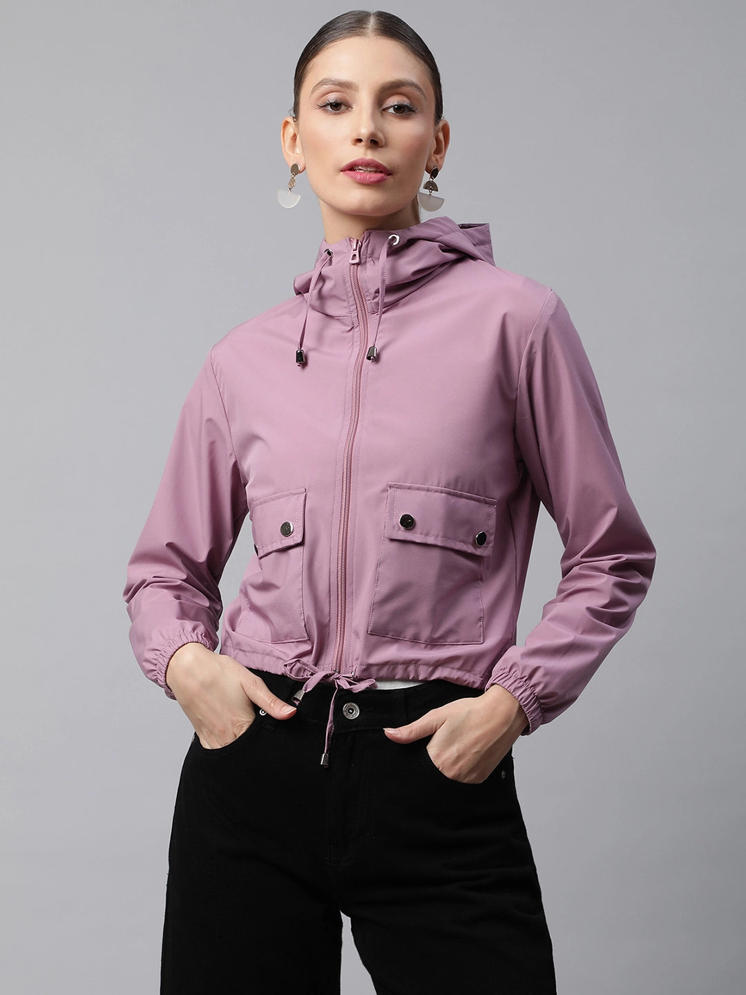 Women Mauve Street Style Hooded Crop Jacket