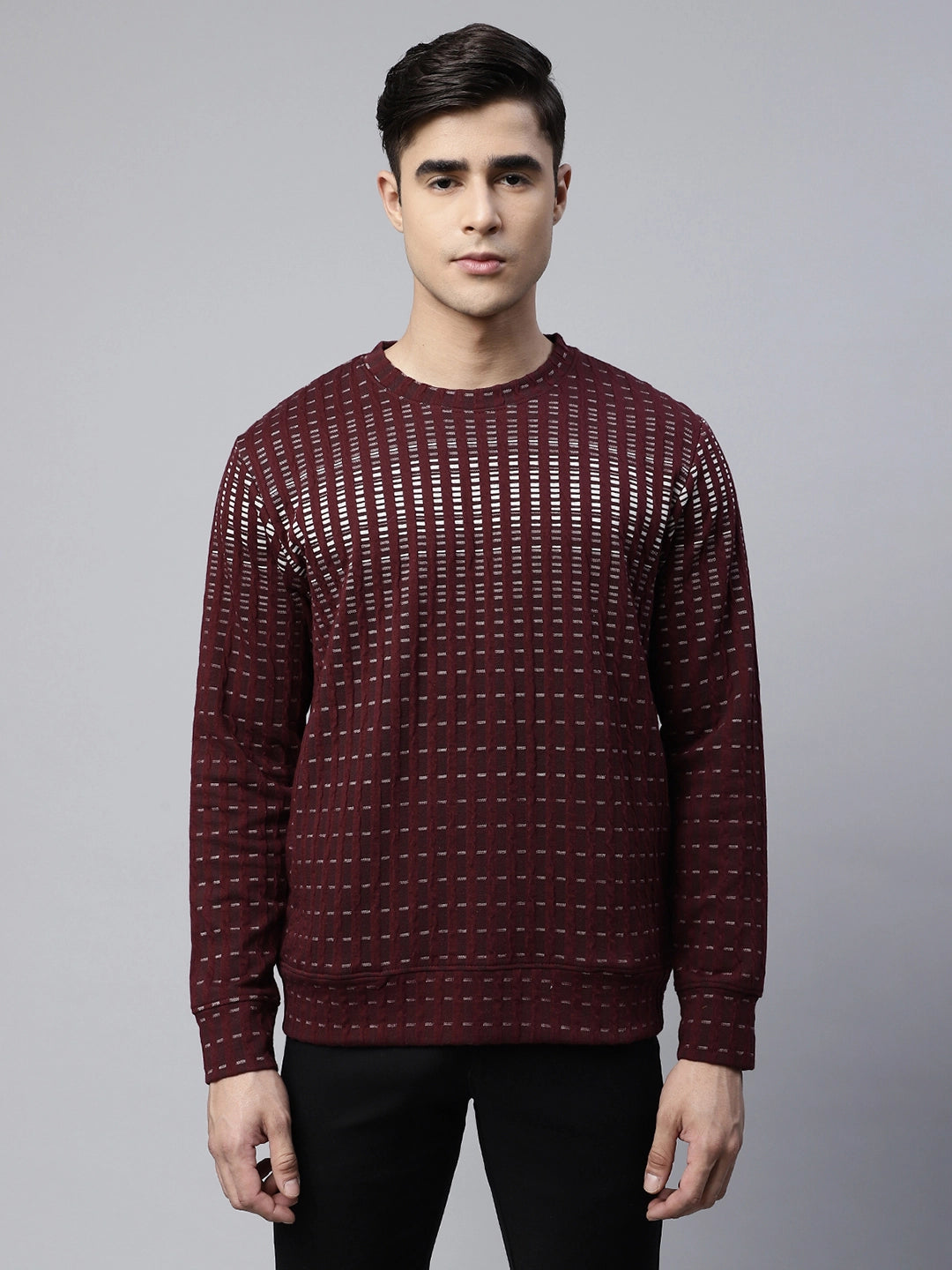 Mens Wine Crew Neck Ombre Textured Regular Fit Sweatshirt