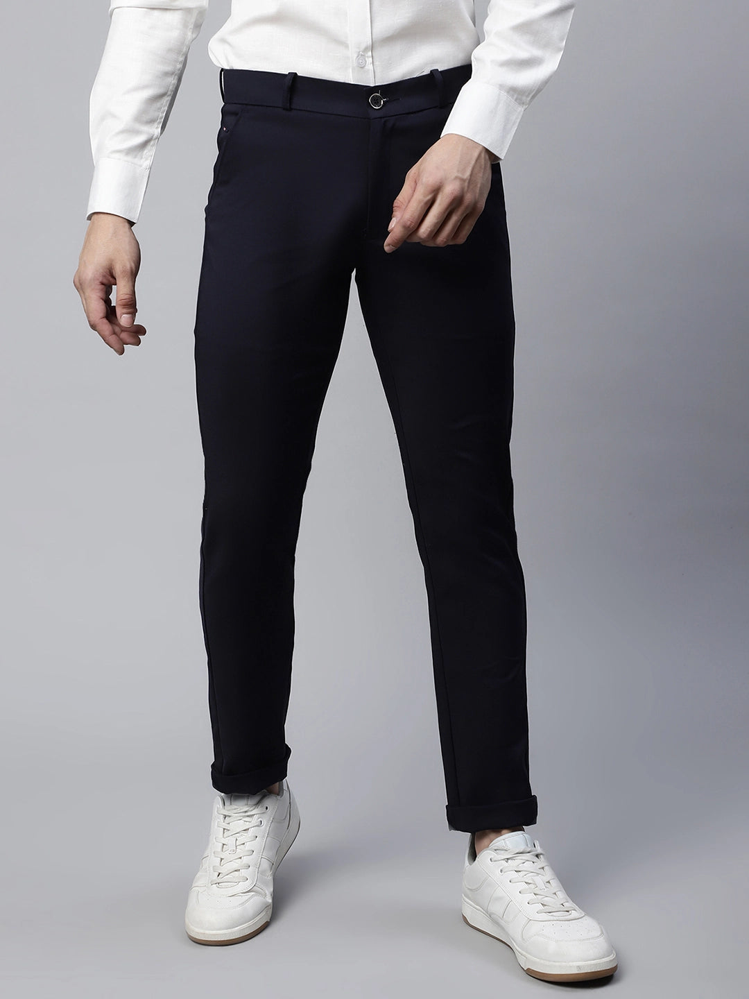 Mens Navy Blue Regular Fit Mid Rise Trouser - Global Republic