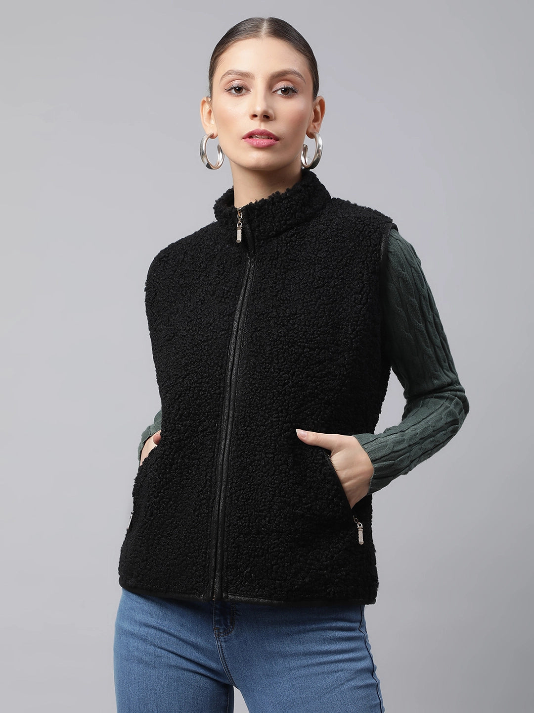 Women Black High Neck Polar Fleece Slim Fit Zipper Jacket