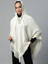 Women Off-White Hooded Lace-Up Asymmetric Poncho