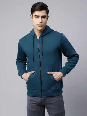 Mens Teal Solid Regular Fit Fleece Hooded Sweatshirt