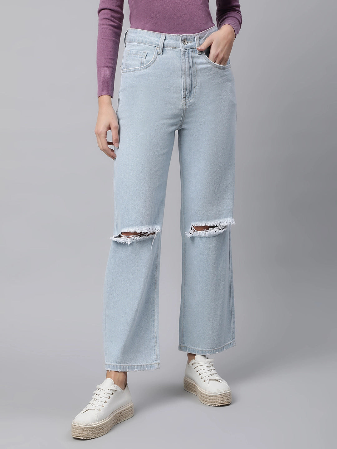 Women Light Blue Distressed Knee Straight Leg Mid Rise Jeans - Global Republic