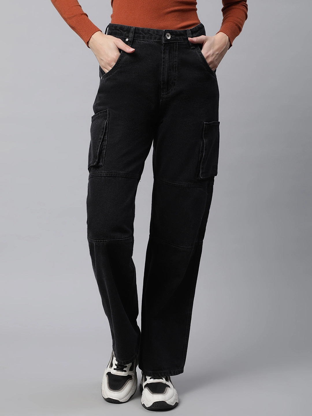 Women Iron Grey Cargo Style Straight Leg Mid Rise Jeans - Global Republic