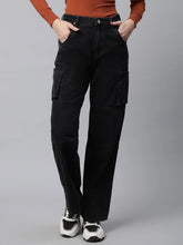 Women Iron Grey Cargo Style Straight Leg Mid Rise Jeans