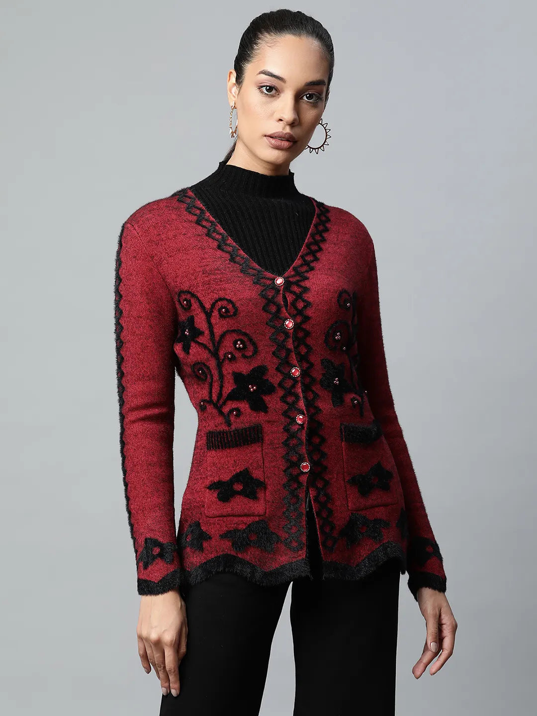 Women Maroon V-Neck Floral Pattern