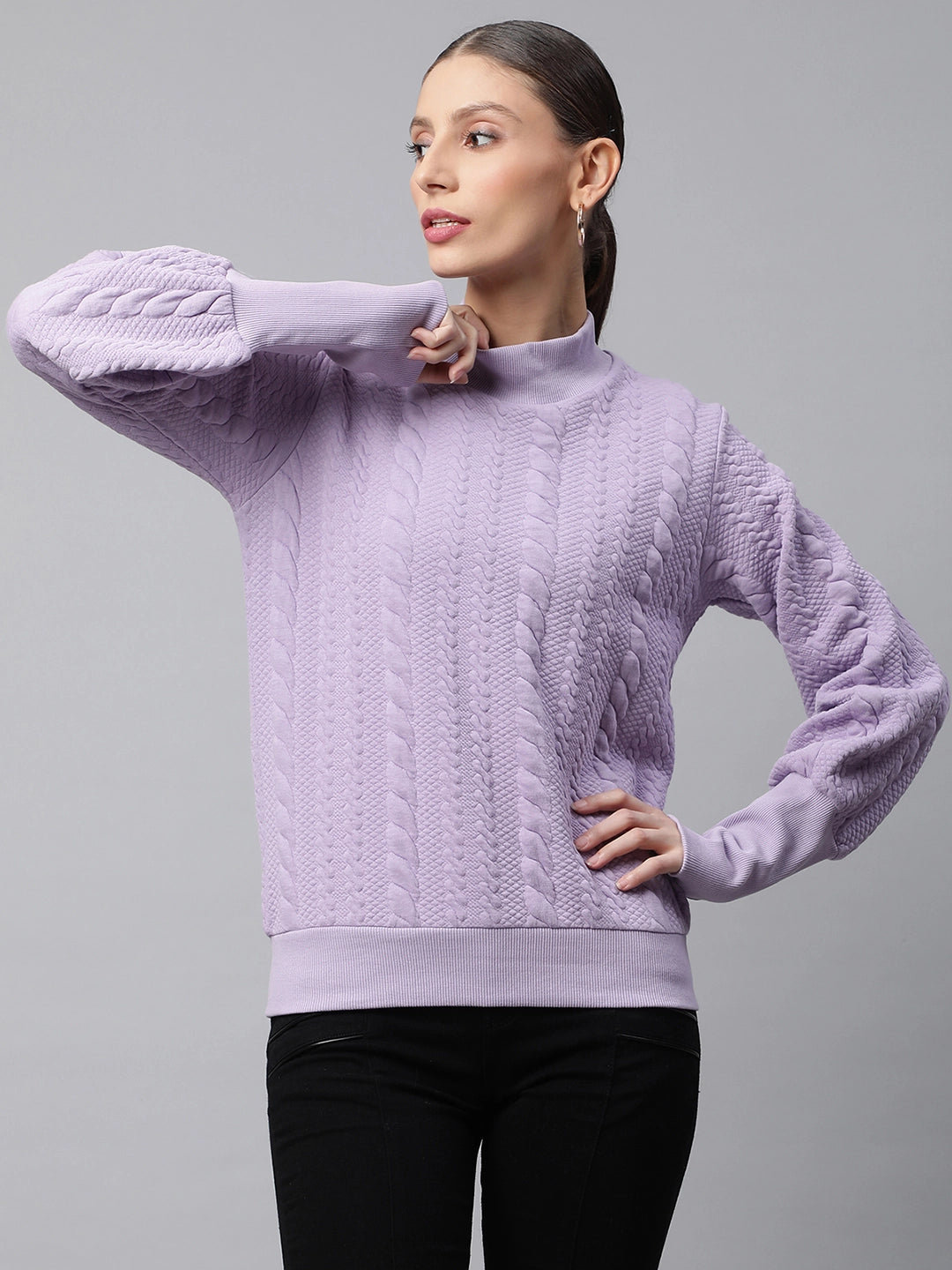 Women Lilac Self Textured Regular Fit Fleece Sweatshirt
