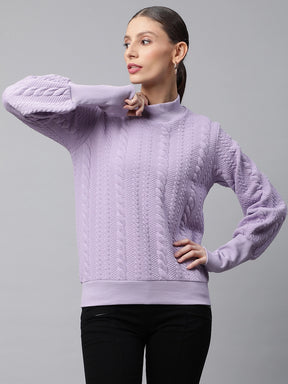 Women Lilac Self Textured Regular Fit Fleece Sweatshirt