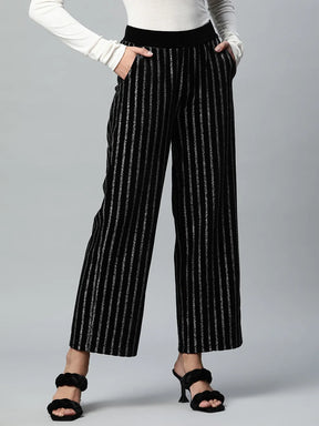 Black Striped Foil Printed Velvet Trousers