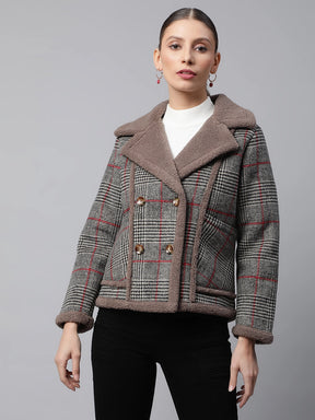 Women Brown Glen Check Straight Fit Double Breasted Jacket