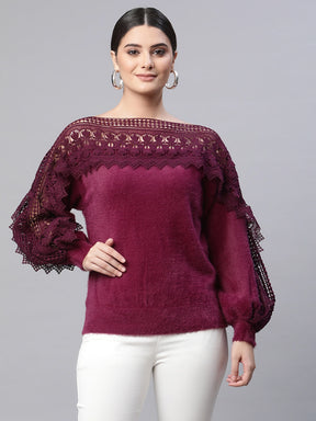 Women Round Neck Ribbed Hem Full Sleeves Plum  Knitted Pullover