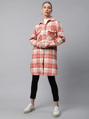 Women Coral Checkered Flannel Knee Length Shacket