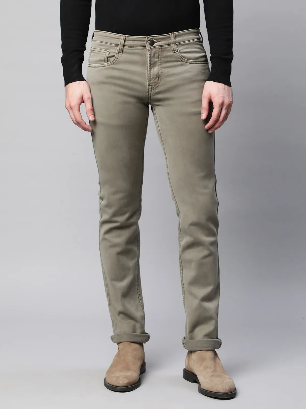 Mens Olive Slim Fit Medium Stretch 5-Pocket Jeans - Global Republic