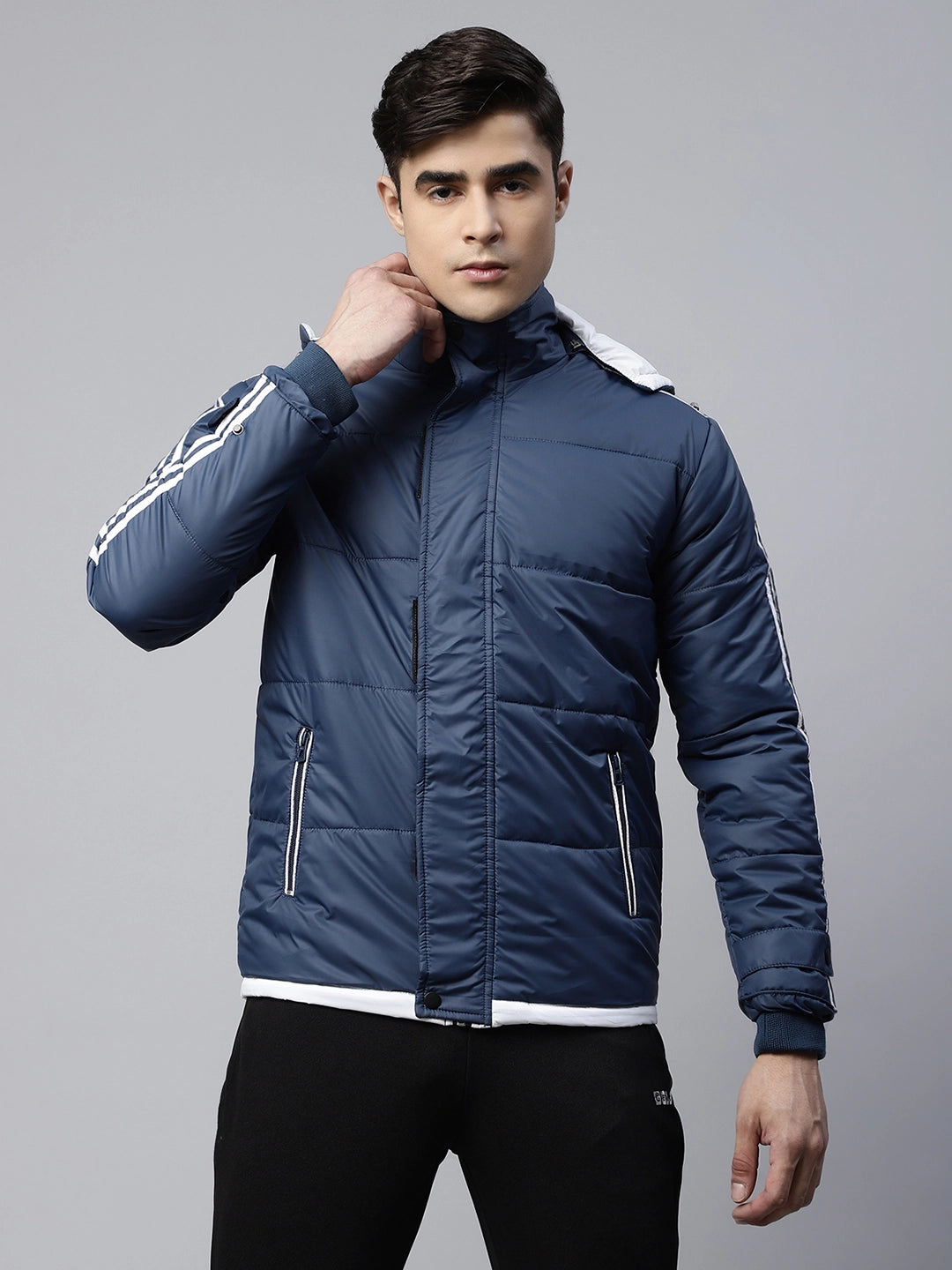 Navy Blue Detachable Hood Puffer Jacket - Global Republic