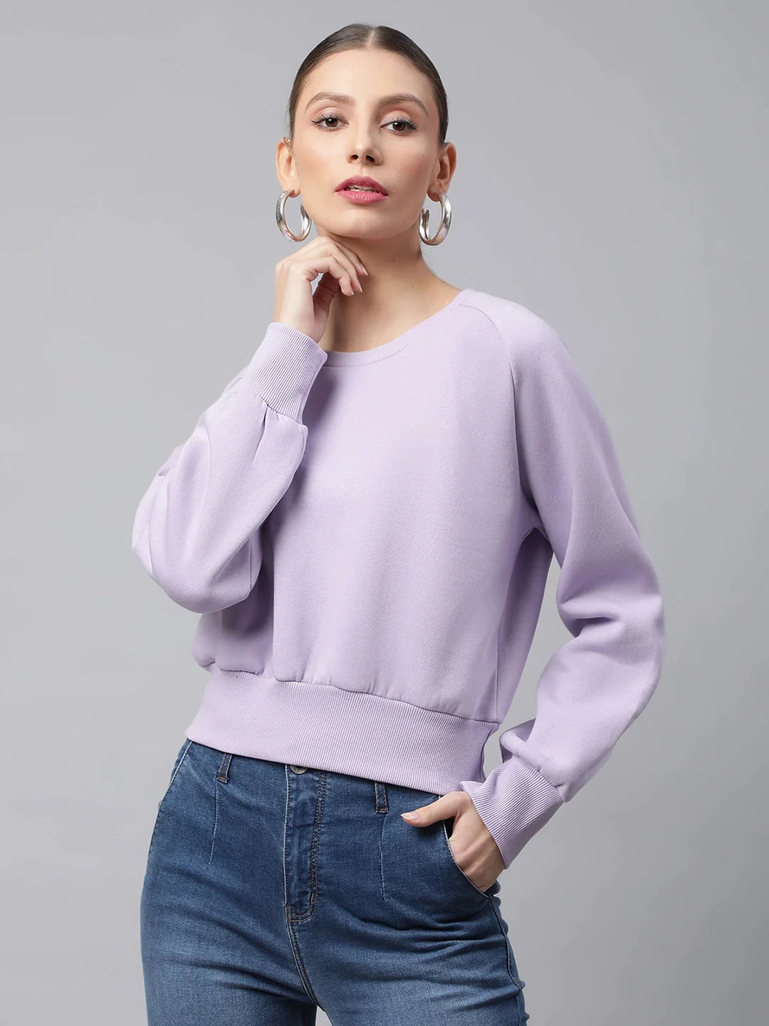 Women Lilac Raglan Sleeves Anti Fit Fleece Sweatshirt - Global Republic