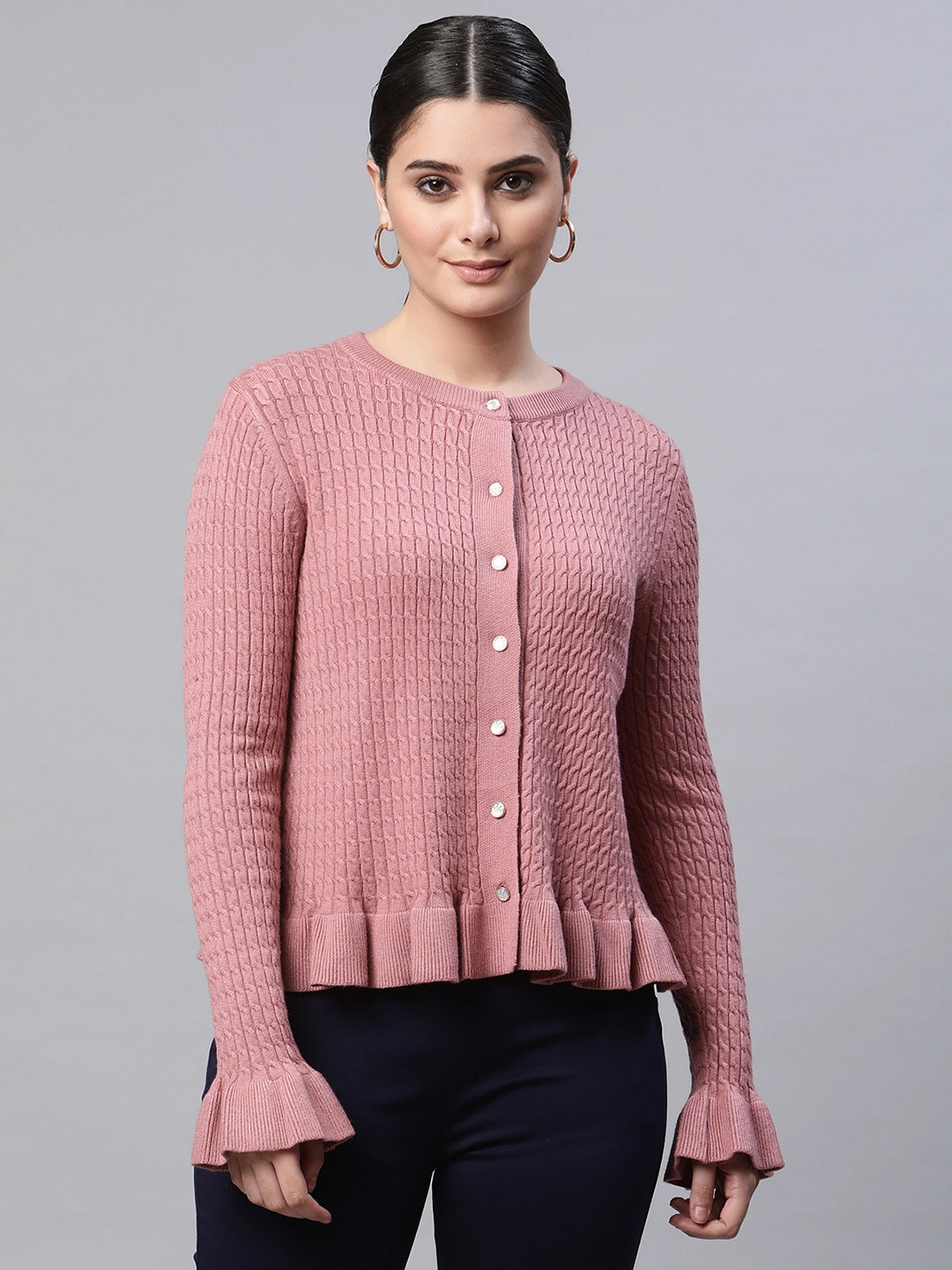 Women Round Neck Ruffled Hem Sleeves Full Sleeves Dark Pink Textured R