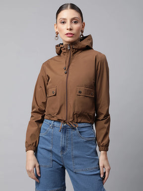 Women Brown Street Style Hooded Crop Jacket