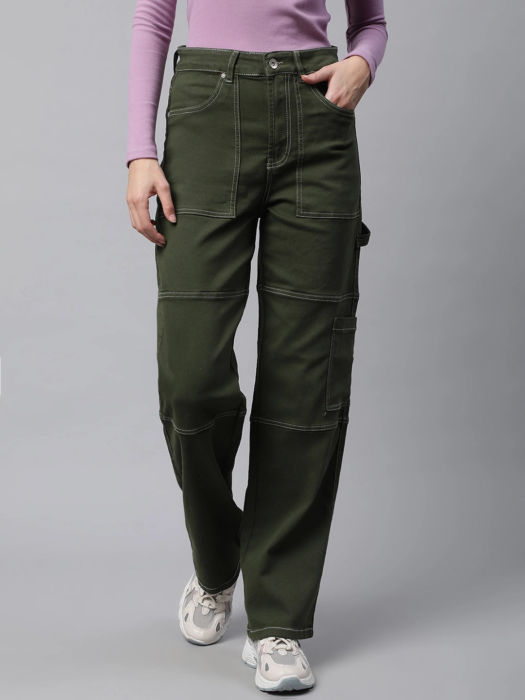 Women Olive Contrast Stitch Straight Leg Mid Rise Jeans - Global Republic