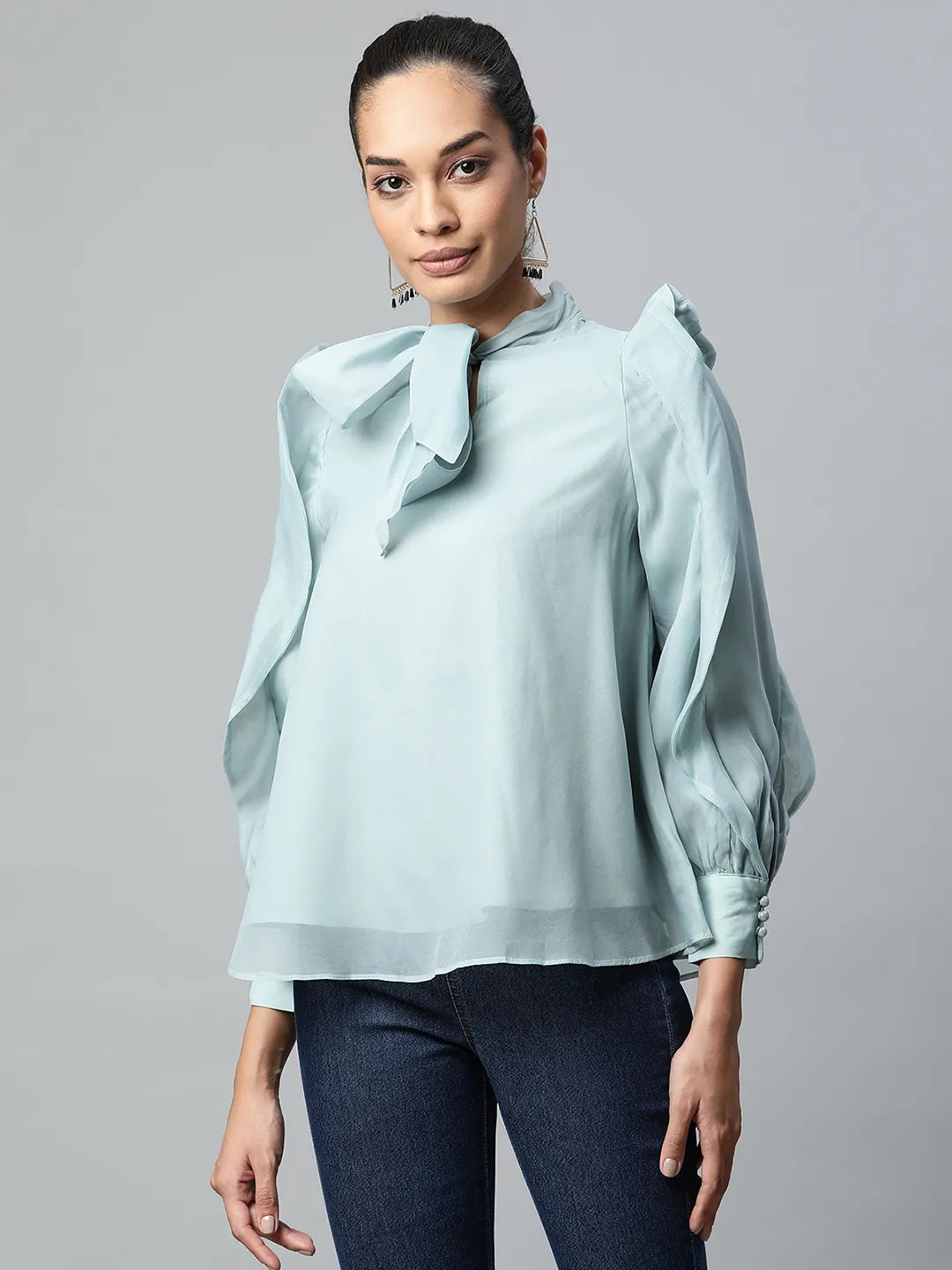 Women Teal Tie-Up Neck Ruffle Sleeve Blouse Top