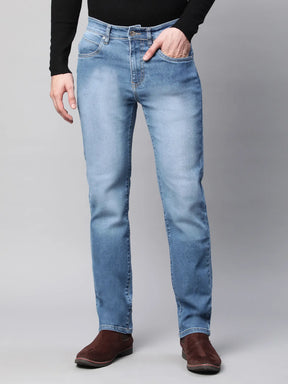 Mens Mid Blue Straight Fit Stone Wash 5-Pocket Jeans