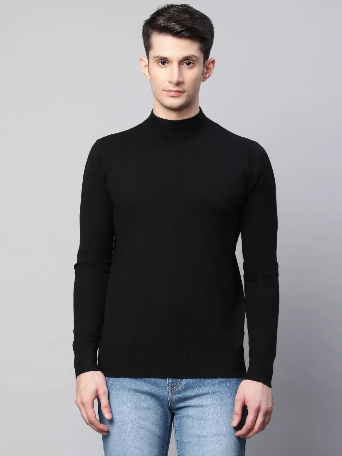 Black Slim Fit Solid Stretch Pullover - Global Republic