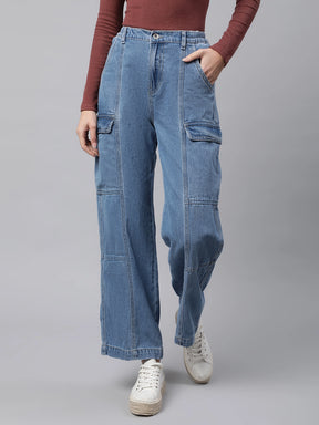 Women Light Blue Elasticated Waist Wide Leg High Rise Jeans