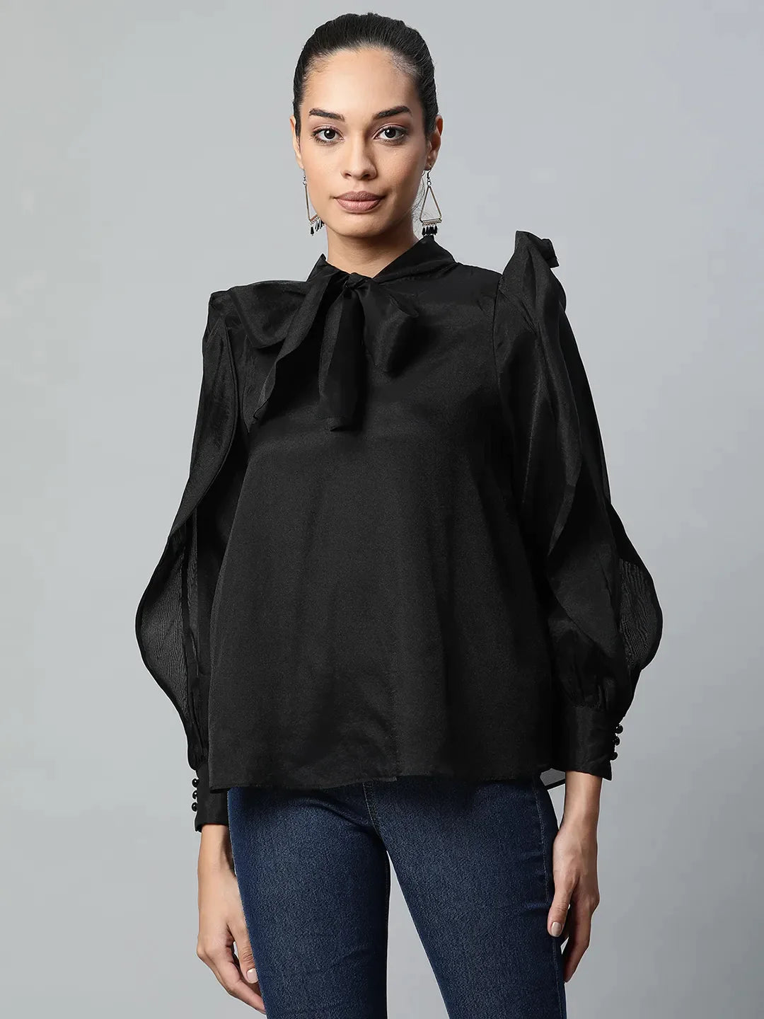 Women Tie-Up Neck Ruffle Sleeve Blouson Top