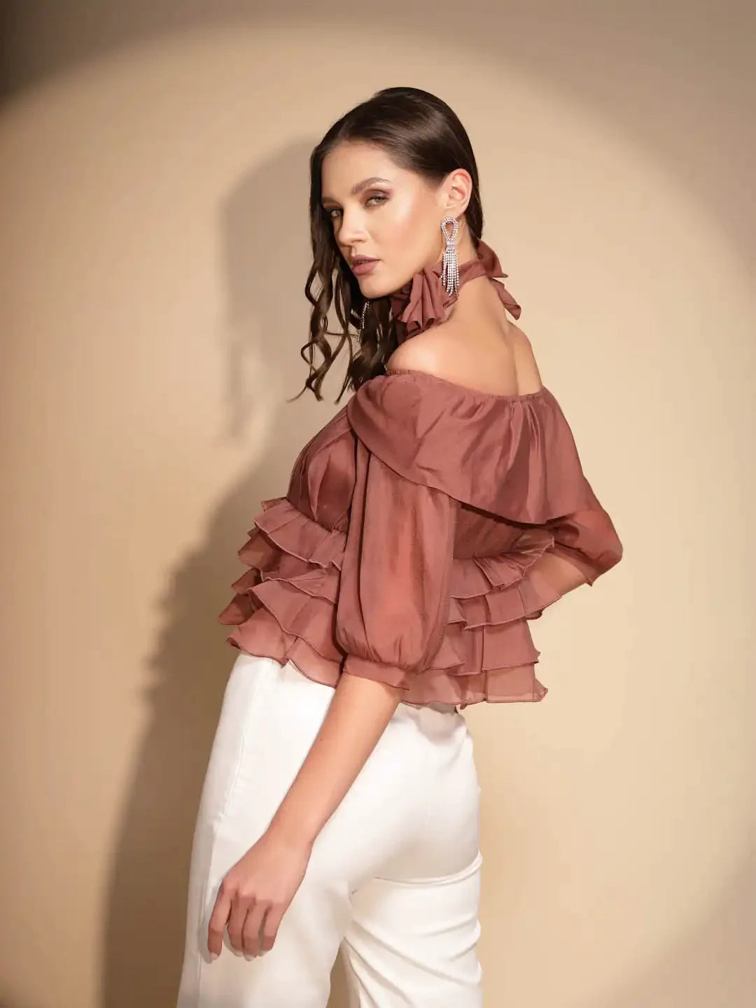 Brown Polyester Off-Shoulder Top