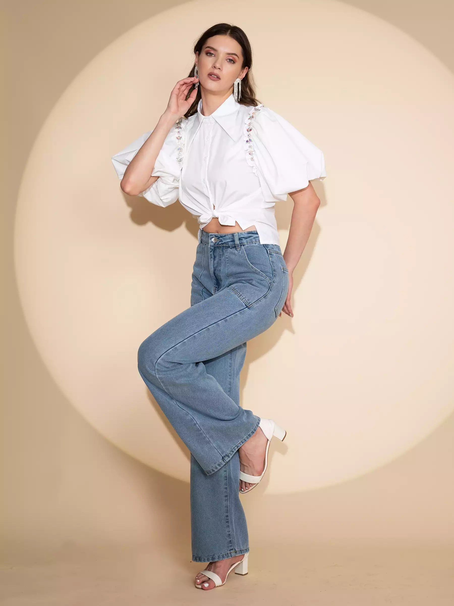 Women Light Blue Flared Leg Stretchable Jeans